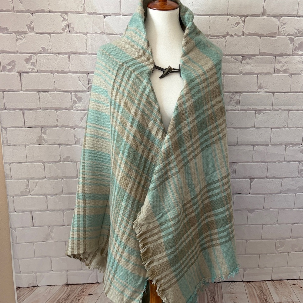 Grace & Lace Cozy Plaid Wool Shawl in Green and Tan